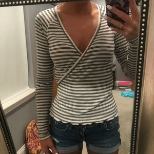 Striped low v neck long sleeve shirt